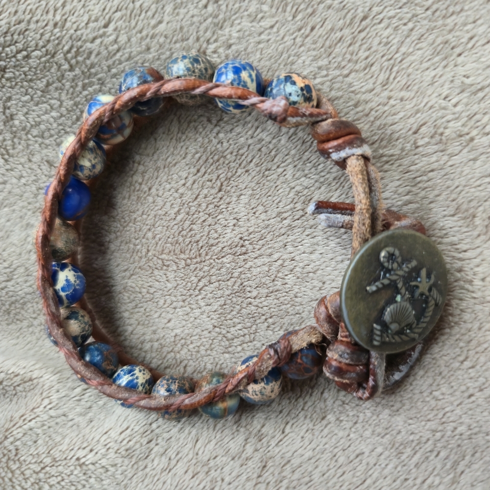 Boho Leather Wrap Bracelet – Blue Jasper beads